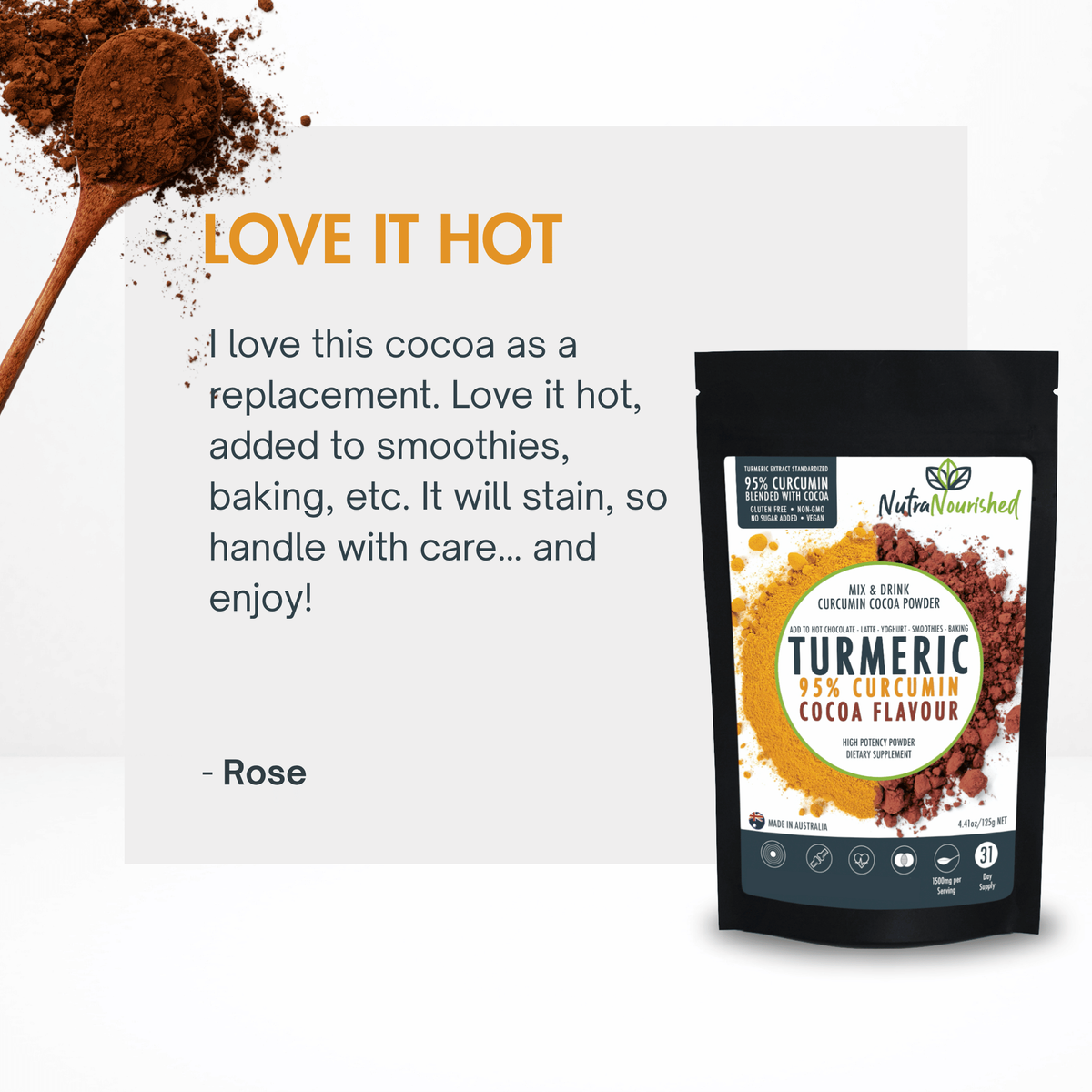 95% Organic Curcumin Extract Cocoa Flavour - Turmeric Powder With Black Pepper - Organic and with Black Pepper, 125g