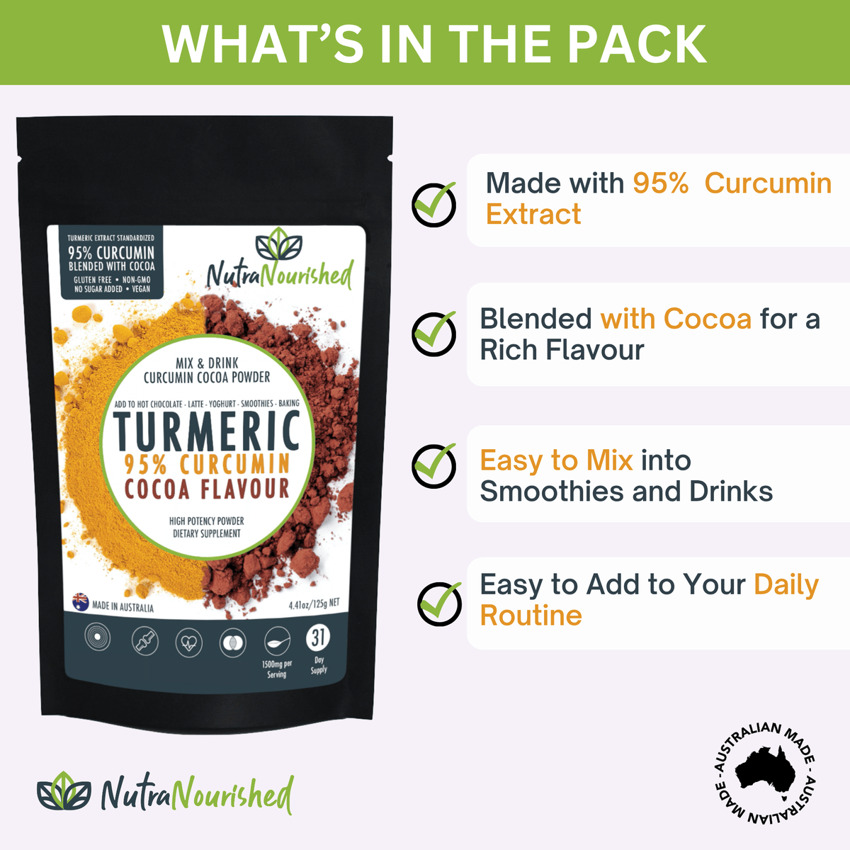 95% Organic Curcumin Extract Cocoa Flavour - Turmeric Powder With Black Pepper - Organic and with Black Pepper - 375g