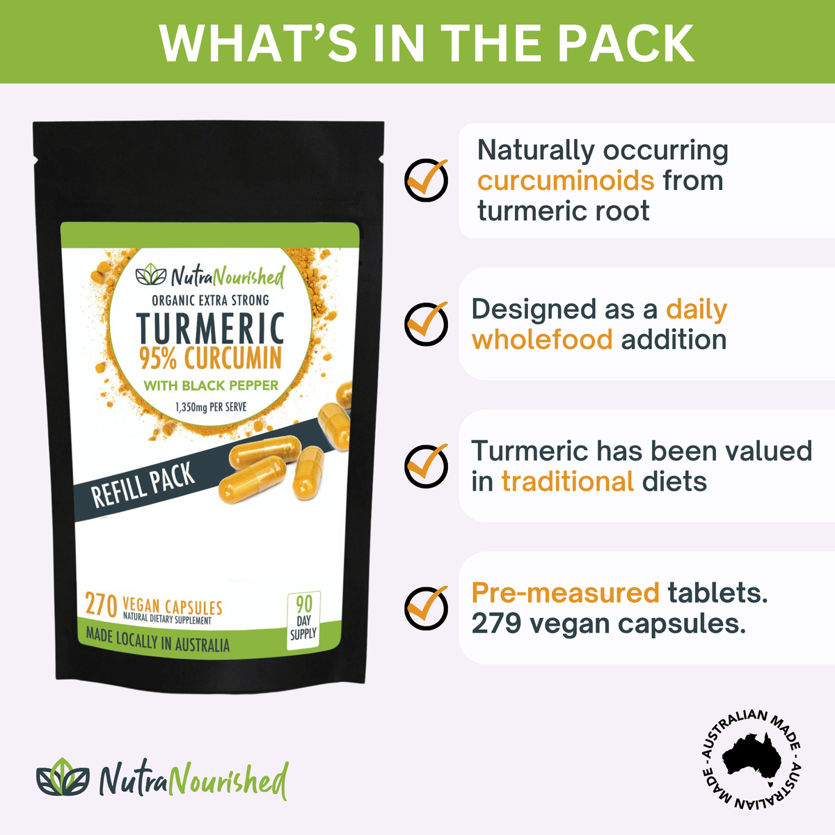REFILL BAG - Turmeric 95% Curcumin Extract Capsules, Organic, with Black Pepper, 270 Vegan Capsules/ 3 Month Supply
