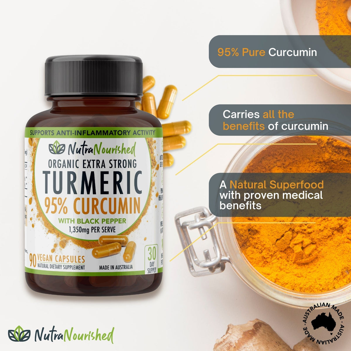 Curcumin Tablets - 95% Pure Organic Vegan - Turmeric Extract Buffered with Black Pepper (1,350mg) - 90 Vegan Capsules