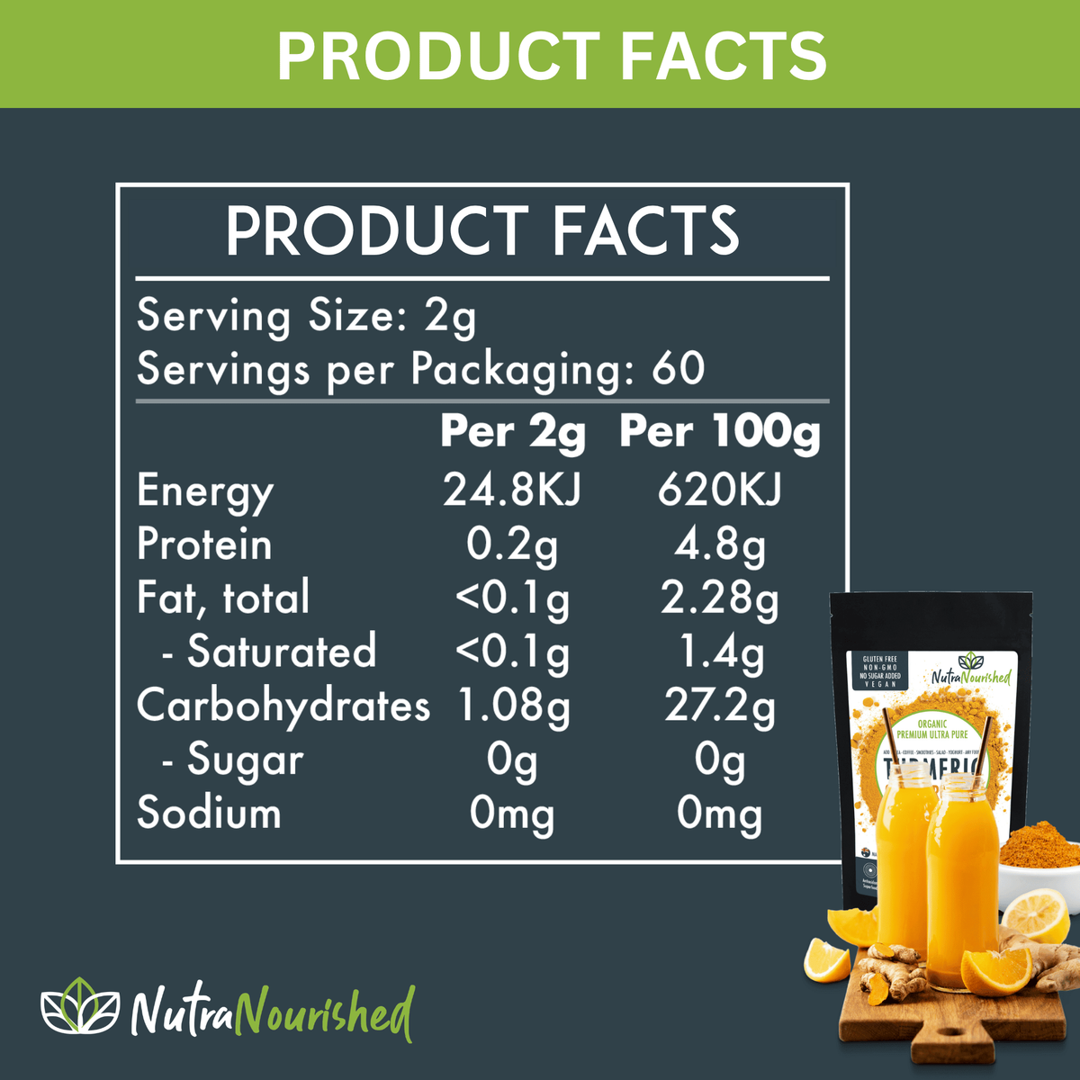 Pure Organic 95% Curcumin Powder (120g/2 months supply) - 1500mg of Turmeric Extract Buffered with Black Pepper