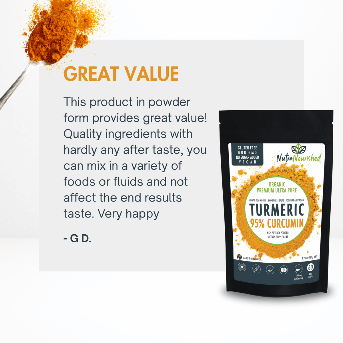 Pure Organic 95% Curcumin Powder (120g/2 months supply) - 1500mg of Turmeric Extract Buffered with Black Pepper