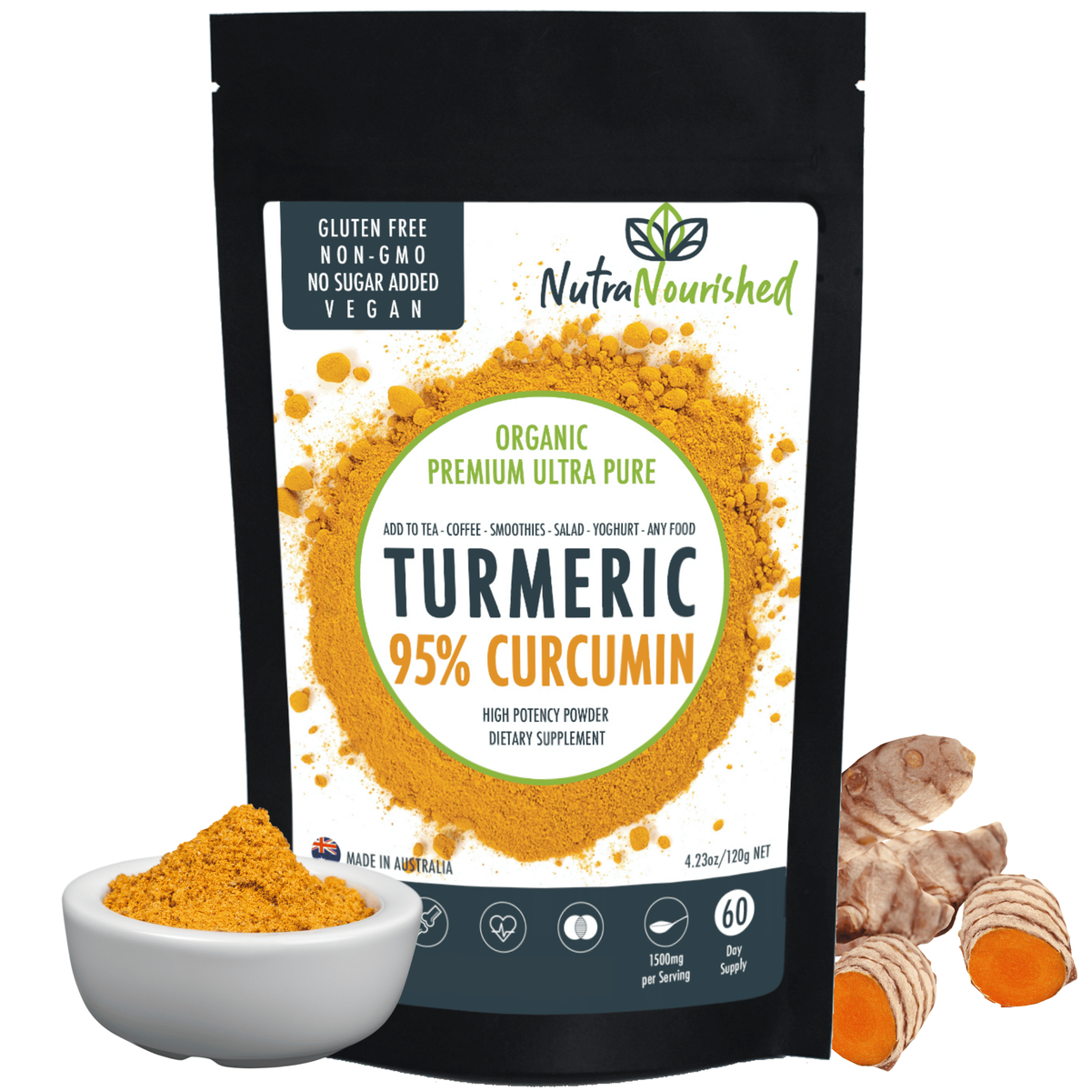 Pure Organic 95% Curcumin Powder (60g/1 month supply) - 1500mg of Turmeric Extract Buffered with Black Pepper