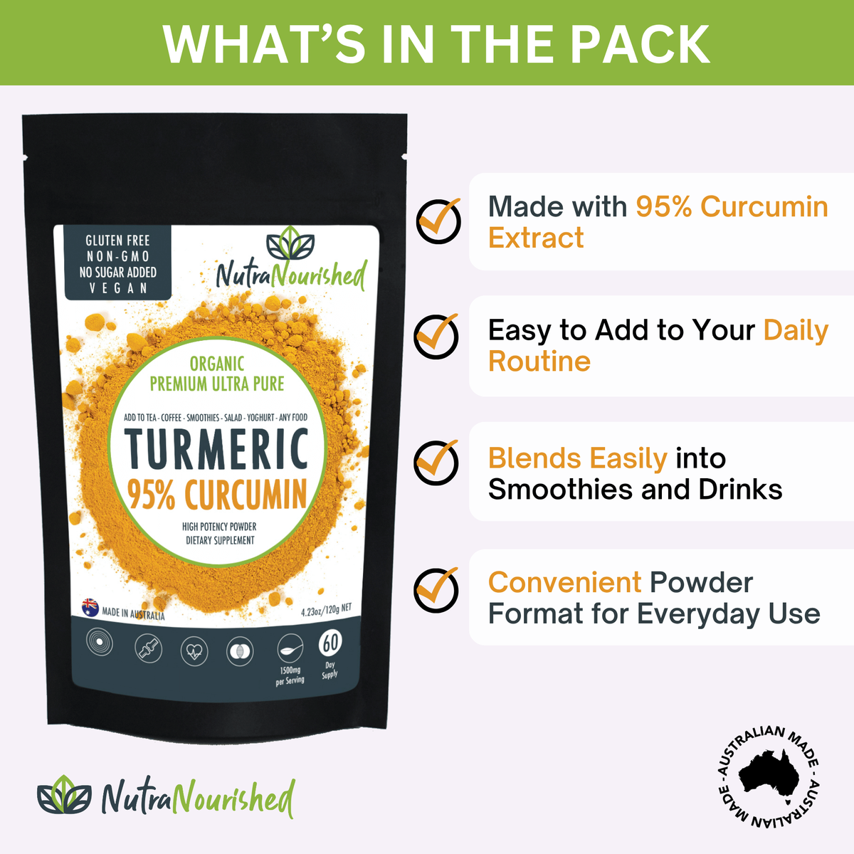 Pure Organic 95% Curcumin Powder (60g/1 month supply) - 1500mg of Turmeric Extract Buffered with Black Pepper