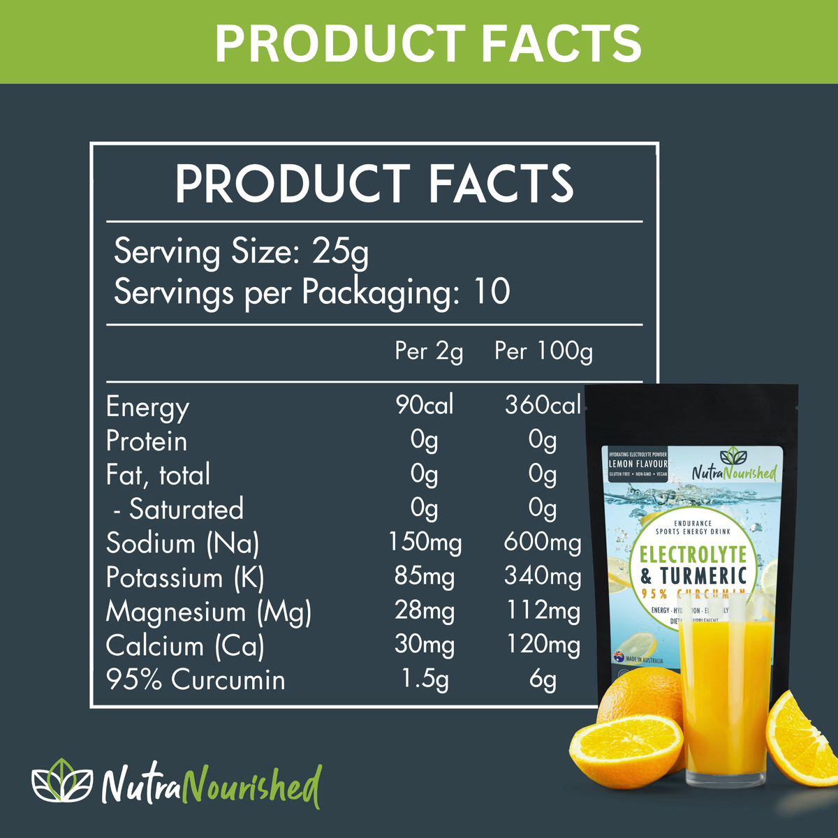 Electrolyte Powder & 95% Pure Organic Curcumin - Lemon Flavour, 250g