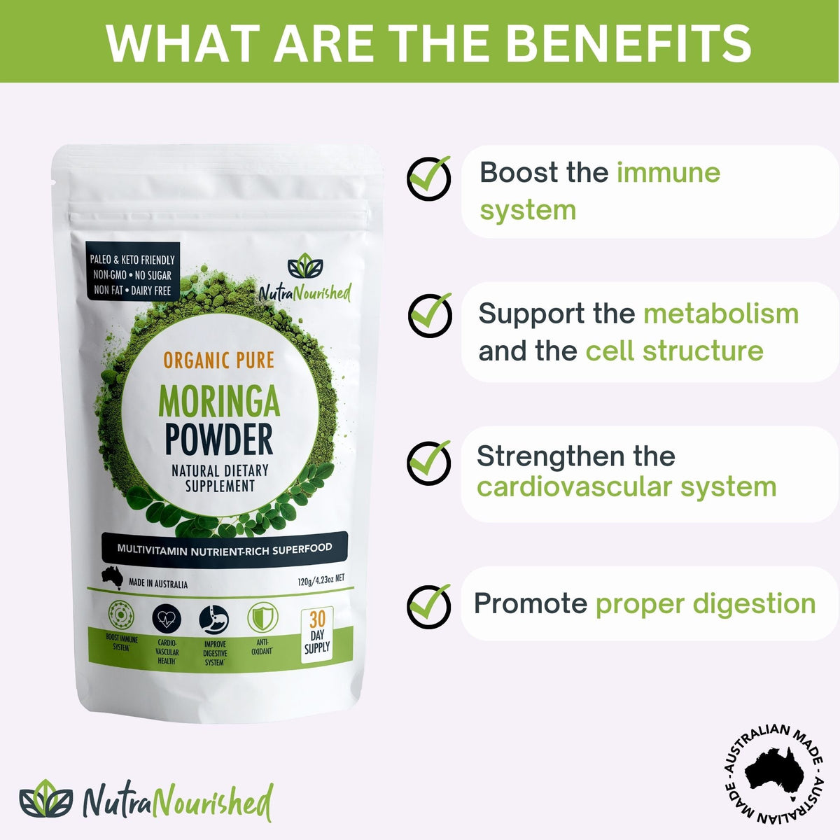 Nutra Nourished Organic Moringa Leaf Powder 120g Pure Moringa Oleifera Superfood