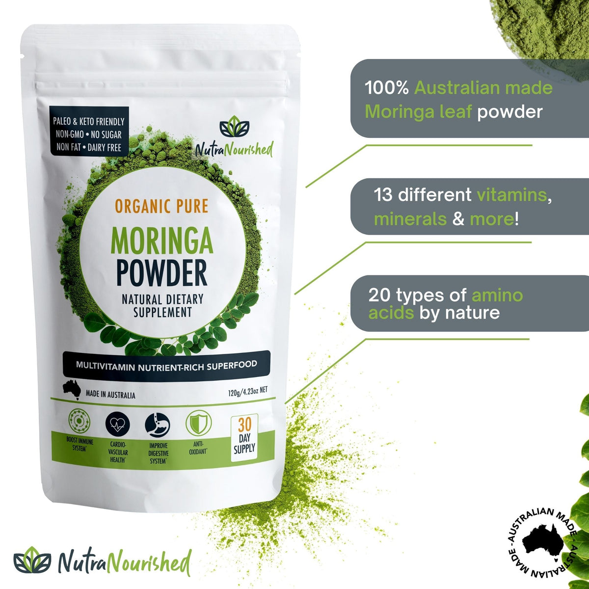 Nutra Nourished Organic Moringa Leaf Powder 120g Pure Moringa Oleifera Superfood