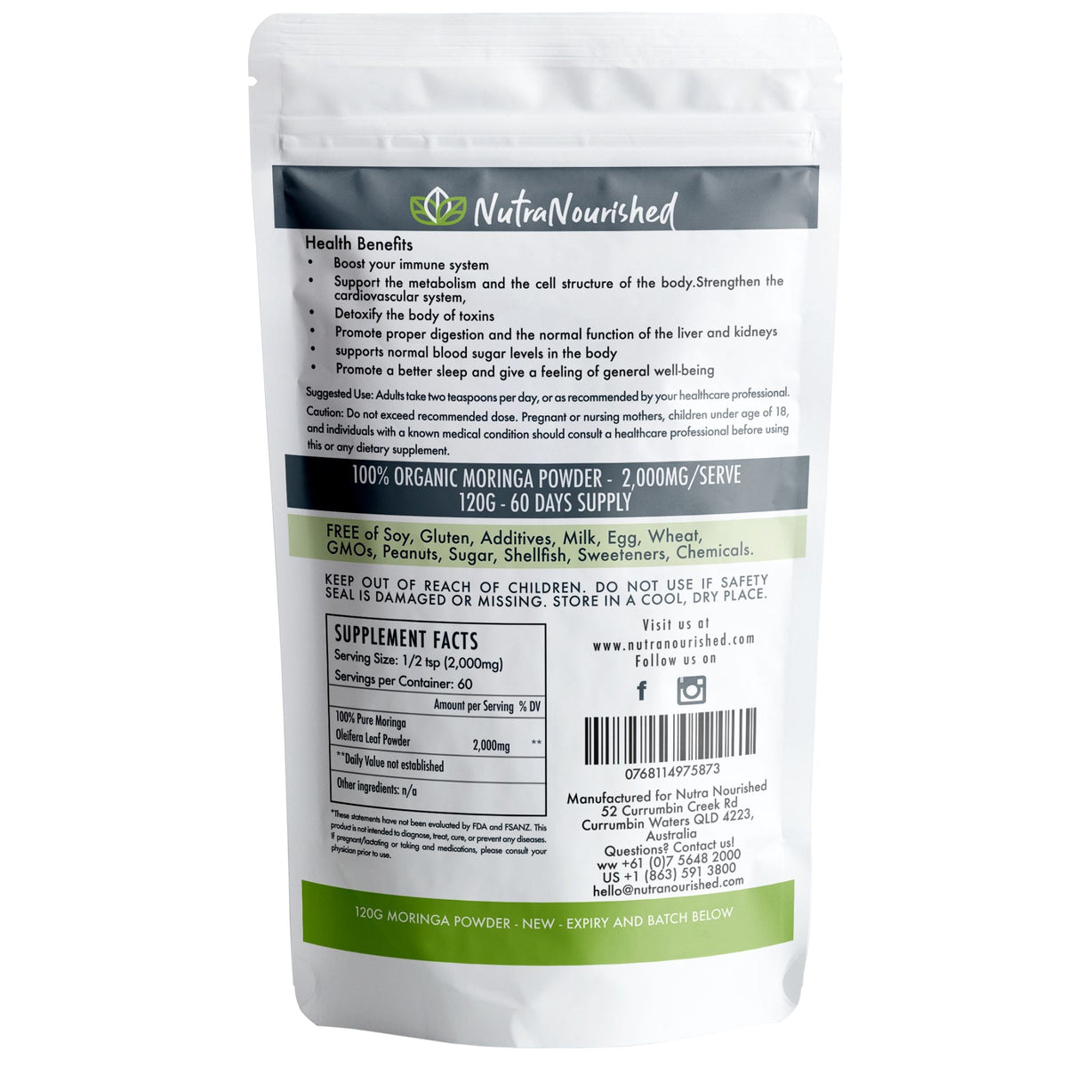 Nutra Nourished Organic Moringa Leaf Powder 120g Pure Moringa Oleifera Superfood