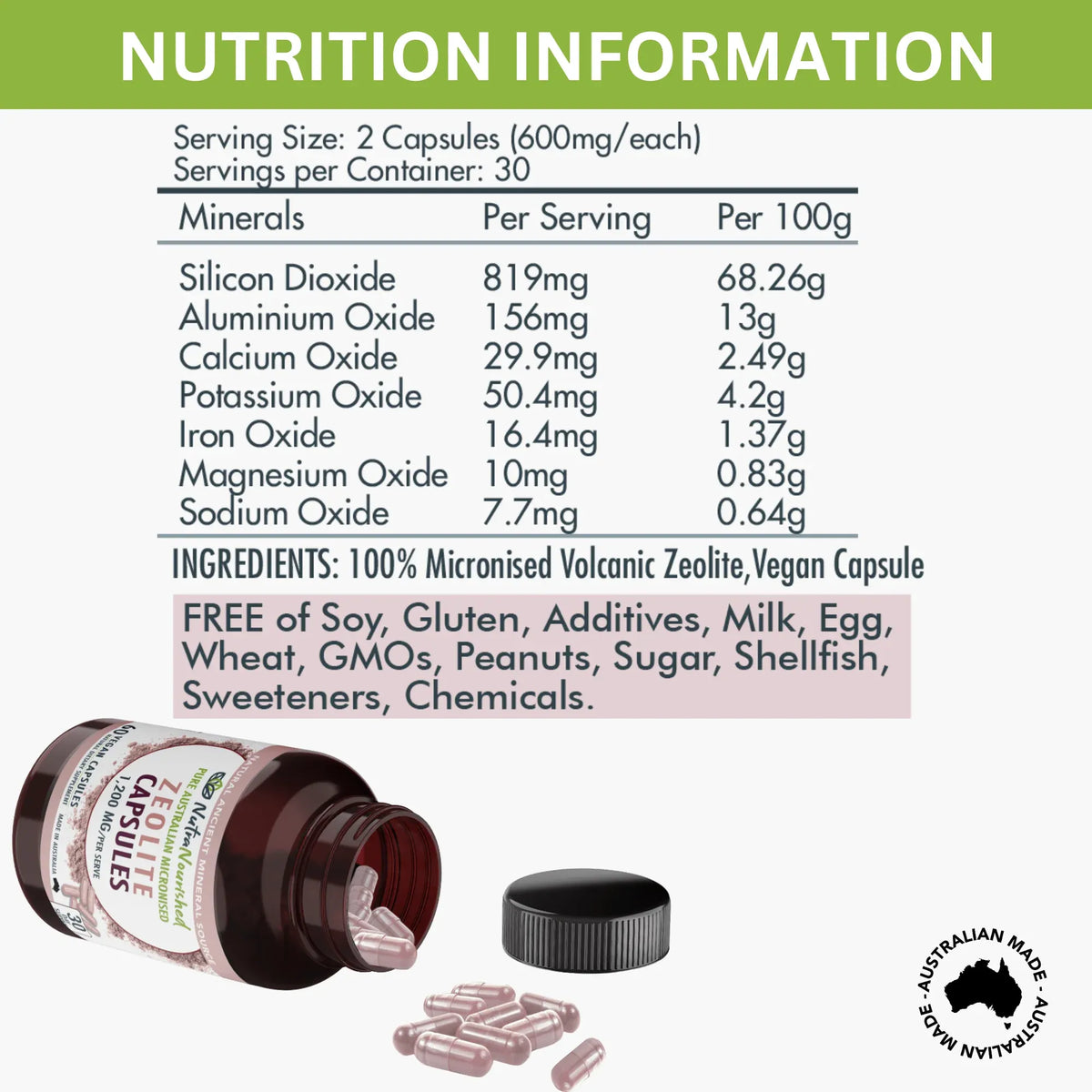 Nutra Nourished Zeolite Capsules 60 Vegan Caps 600mg Micronised Volcanic Mineral