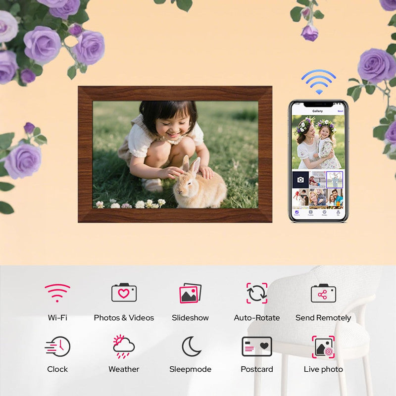 10.1 Inch Digital Picture Frame - 1280 * 800 HD WiFi Enabled with Load from Phone Capability, 32GB Memory Touch Screen  Photo  Display Brown