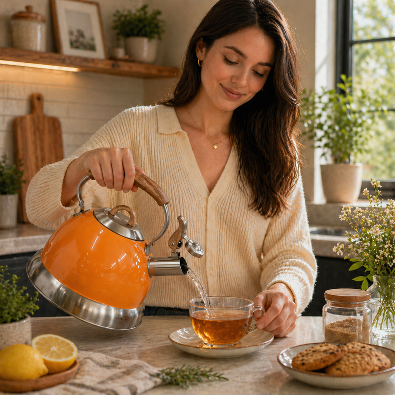 2.8L Whistling Kettle Stainless Steel Foldable Handle Orange