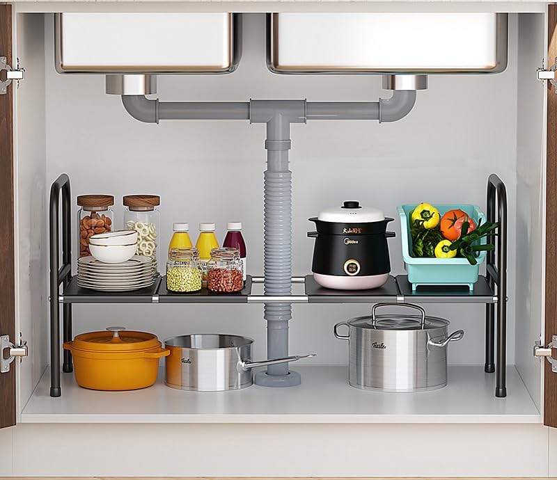 Extendable Storage Rack Under Sink Shelf  Kitchen Organizer black