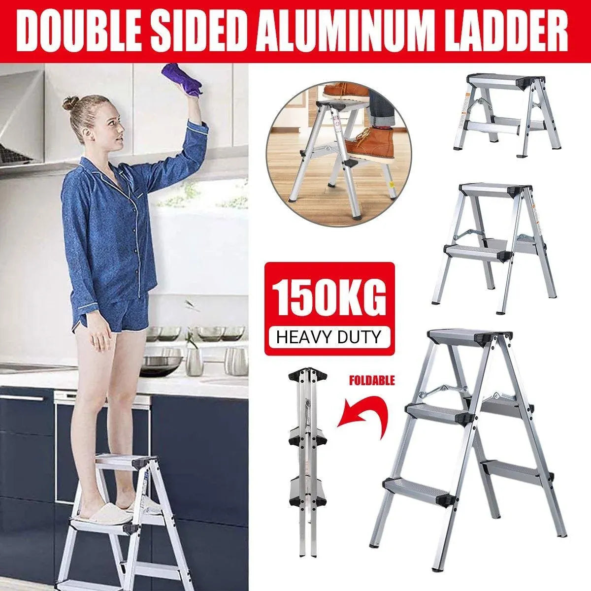 Portable Aluminium 1-3 Step Folding Ladder Anti-Slip Frame Stool for Home Use - 2 Step Folding Ladder
