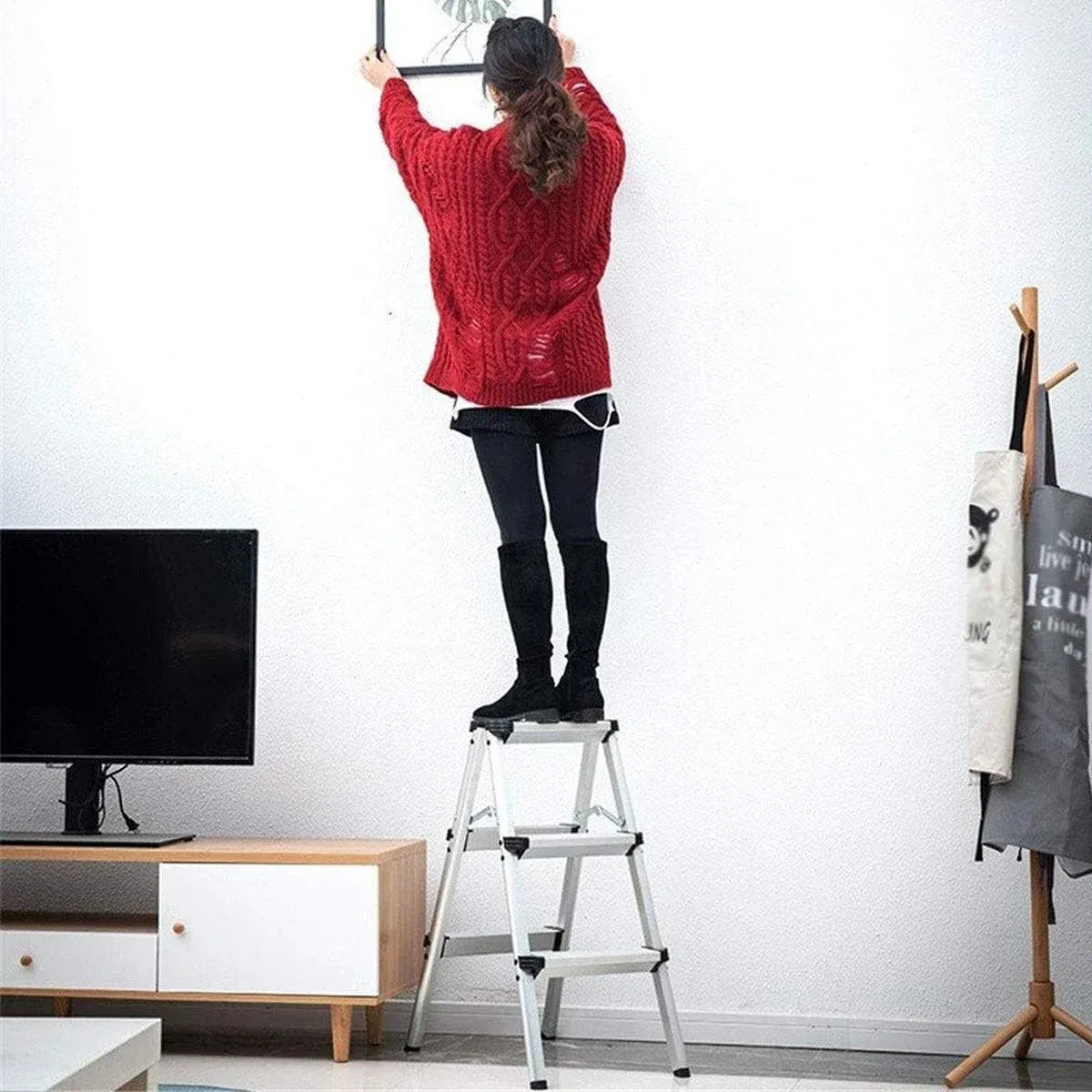 Portable Aluminium 1-3 Step Folding Ladder Anti-Slip Frame Stool for Home Use - 2 Step Folding Ladder
