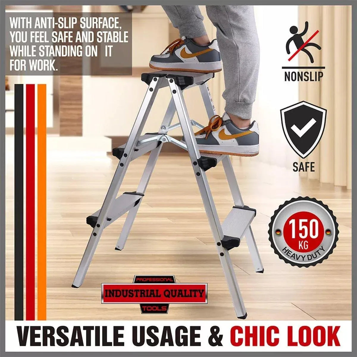 Portable Aluminium 1-3 Step Folding Ladder Anti-Slip Frame Stool for Home Use - 2 Step Folding Ladder