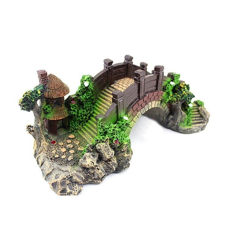 Aquarium Fish Tank Ornament Bridge Resin Rock Pavilion Tree Landscape Decoration - L:19*7*8.5CM