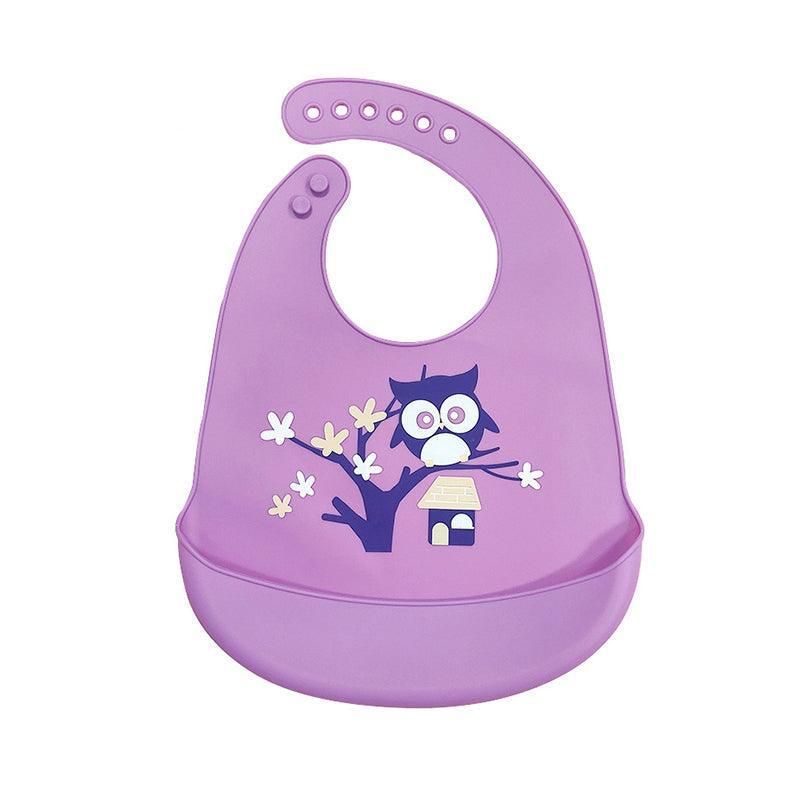 Silicone Waterproof Feeding Bib Apron with Pouch Easy to Clean Smock for Mealtime Use - Owl