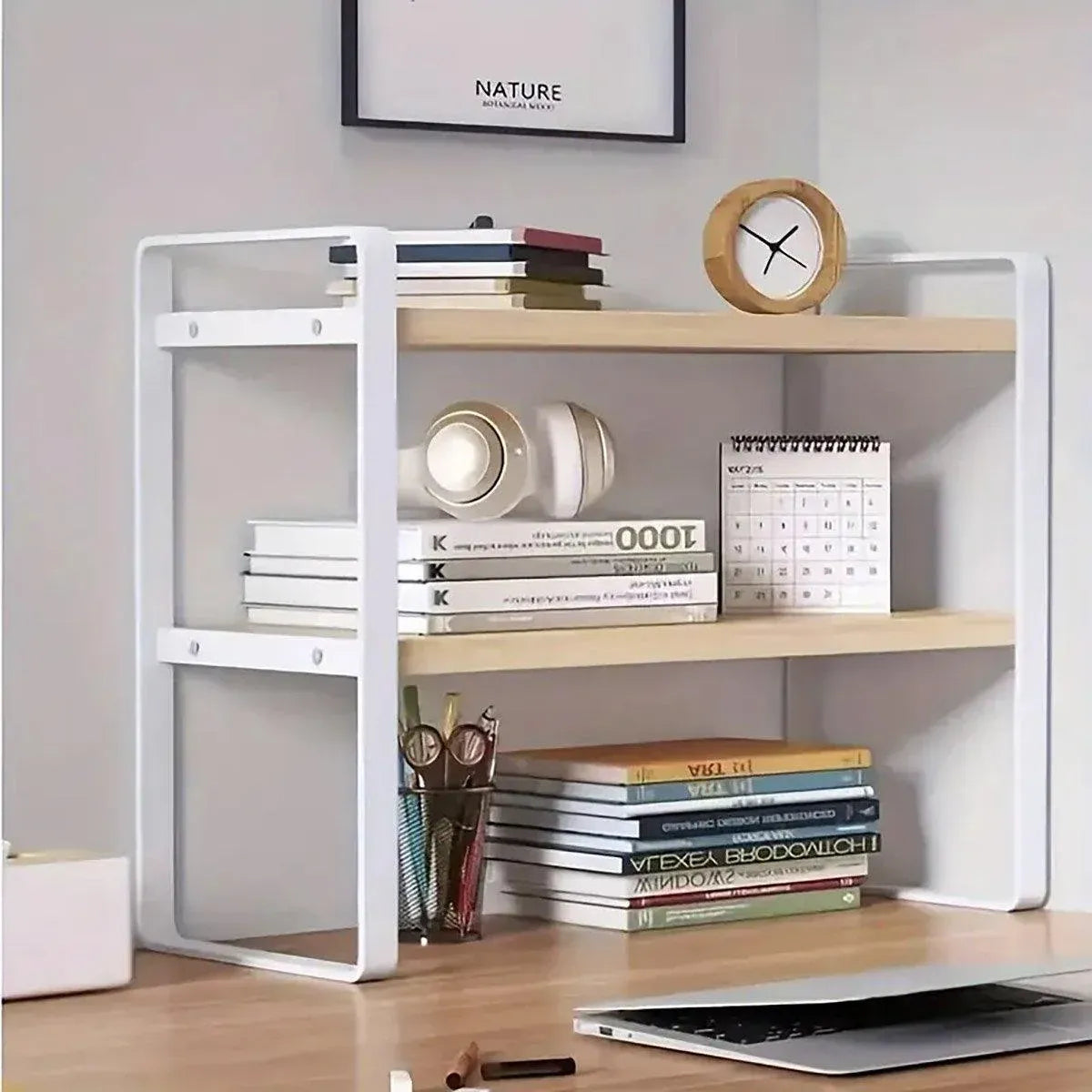 Adjustable Desktop Bookshelf 2 Tier Wood & Metal Desk Organiser Rack Home Office