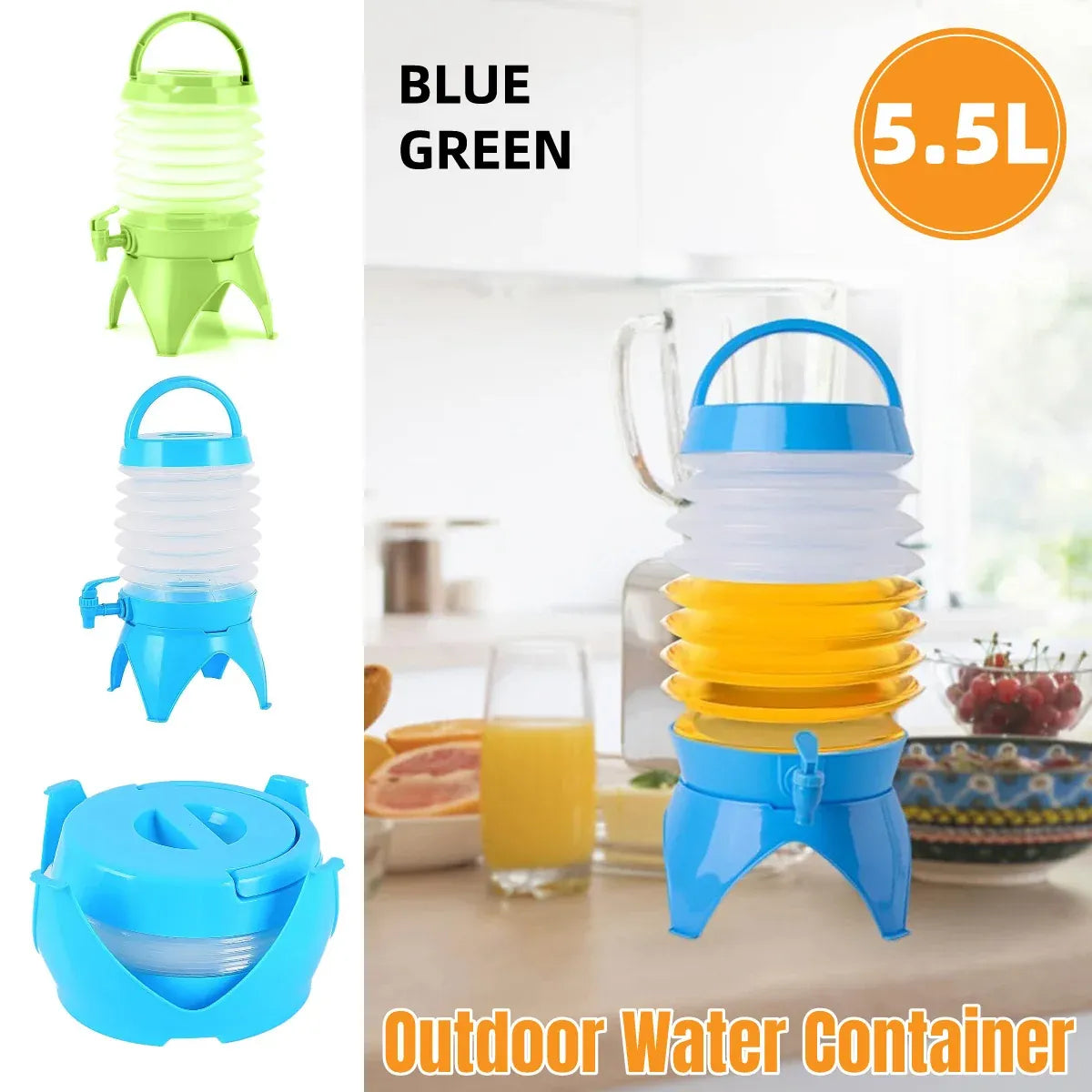 5.5L Outdoor Water Container Camping Folding Water Beer Juice Travel Bucket Use - Green