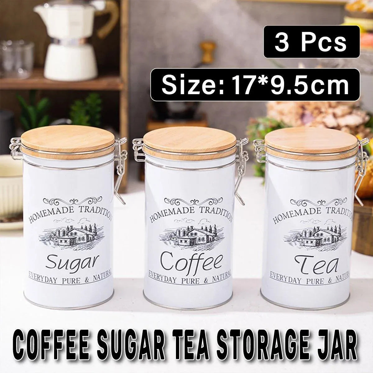 3PCS White Tinplate Coffee Tea Sugar Storage Jar Set Sealed Kitchen Counter