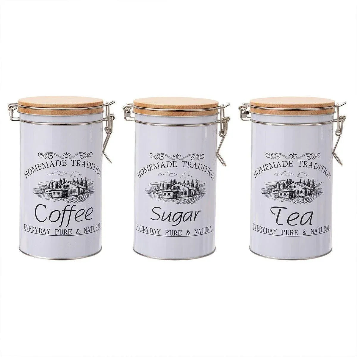 3PCS White Tinplate Coffee Tea Sugar Storage Jar Set Sealed Kitchen Counter