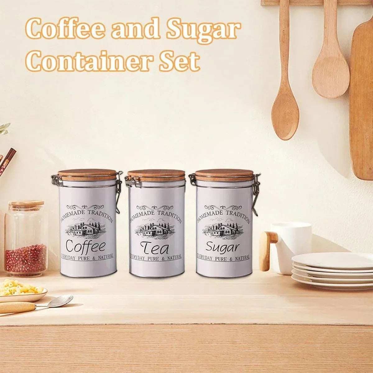3PCS White Tinplate Coffee Tea Sugar Storage Jar Set Sealed Kitchen Counter