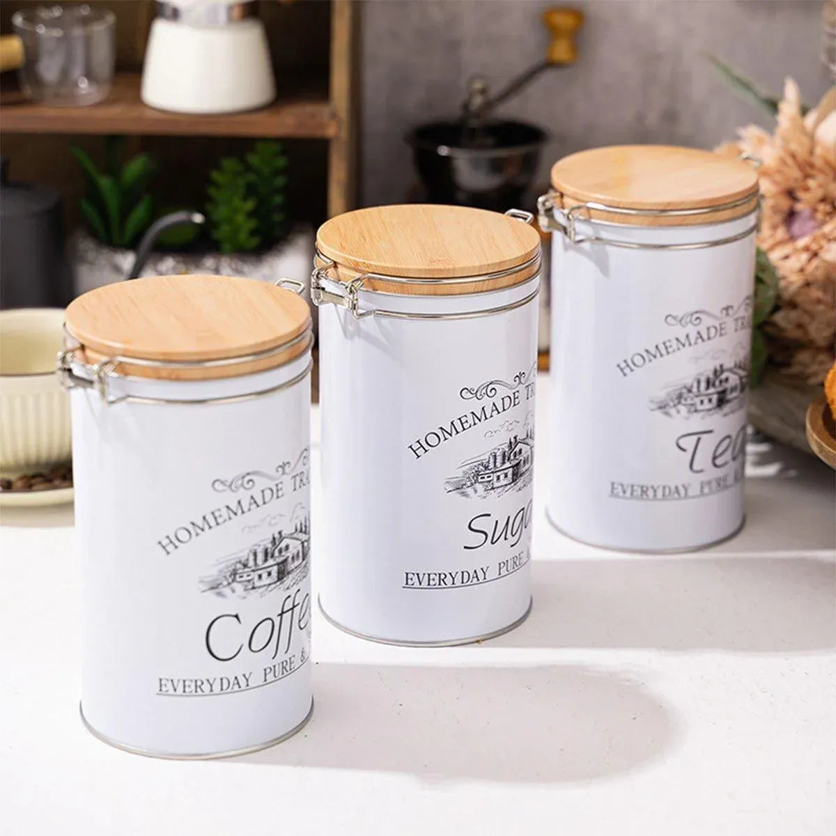 3PCS White Tinplate Coffee Tea Sugar Storage Jar Set Sealed Kitchen Counter