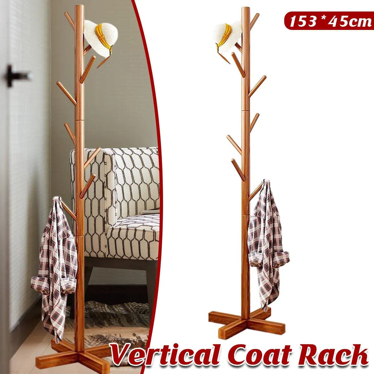 Freestanding Wooden Coat Rack Clothes Hanger with 8 Hooks for Entryway Bedroom