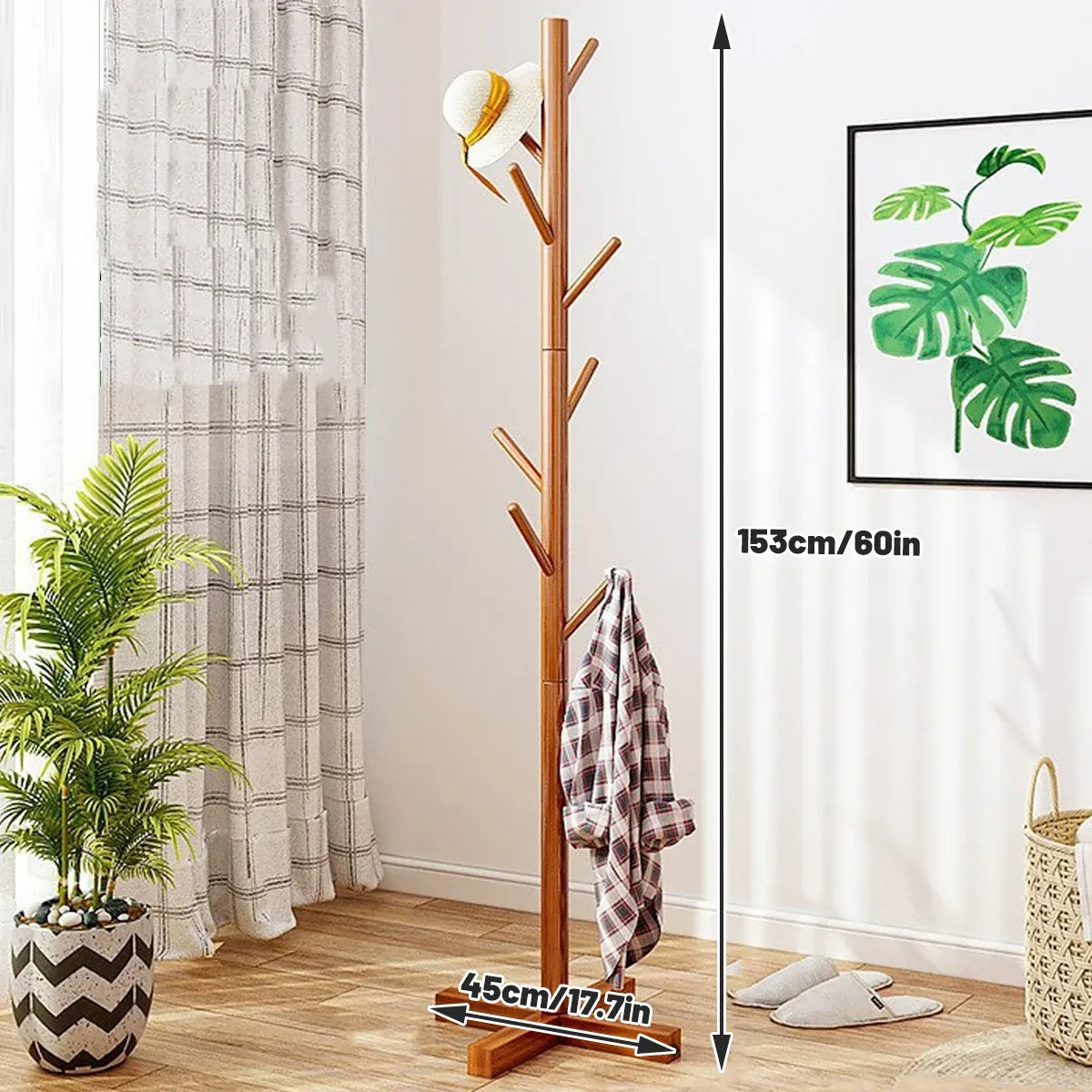 Freestanding Wooden Coat Rack Clothes Hanger with 8 Hooks for Entryway Bedroom