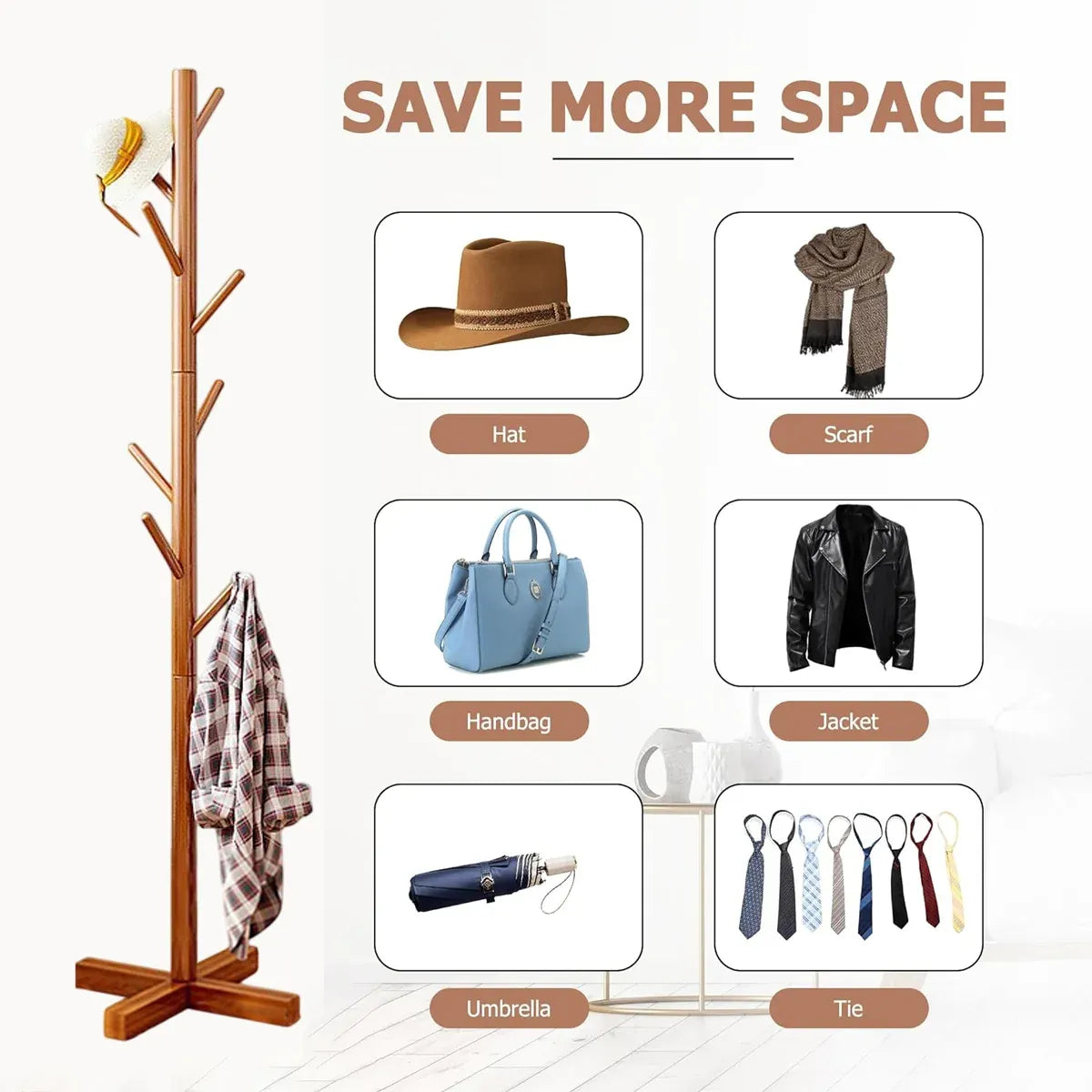 Freestanding Wooden Coat Rack Clothes Hanger with 8 Hooks for Entryway Bedroom