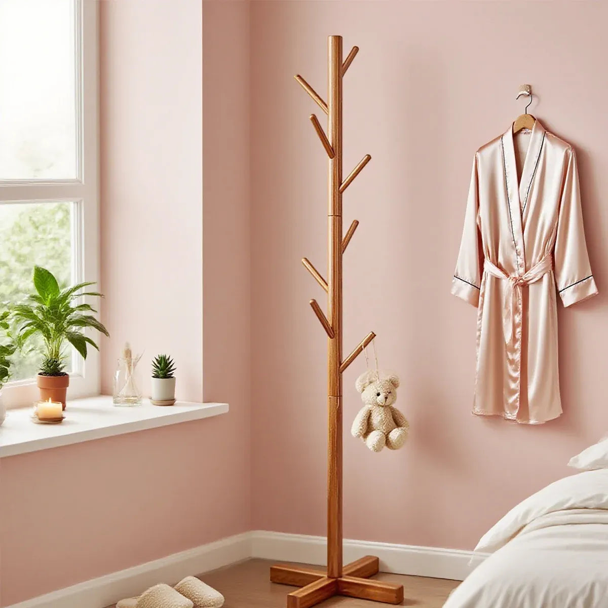 Freestanding Wooden Coat Rack Clothes Hanger with 8 Hooks for Entryway Bedroom