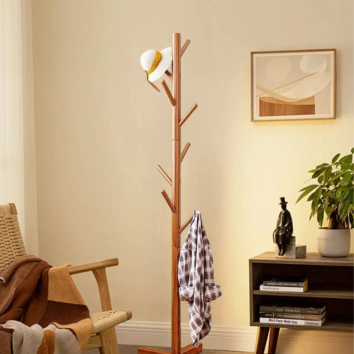 Freestanding Wooden Coat Rack Clothes Hanger with 8 Hooks for Entryway Bedroom