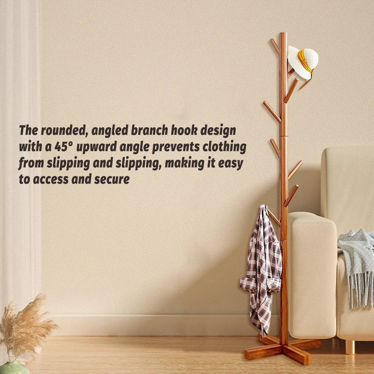 Freestanding Wooden Coat Rack Clothes Hanger with 8 Hooks for Entryway Bedroom