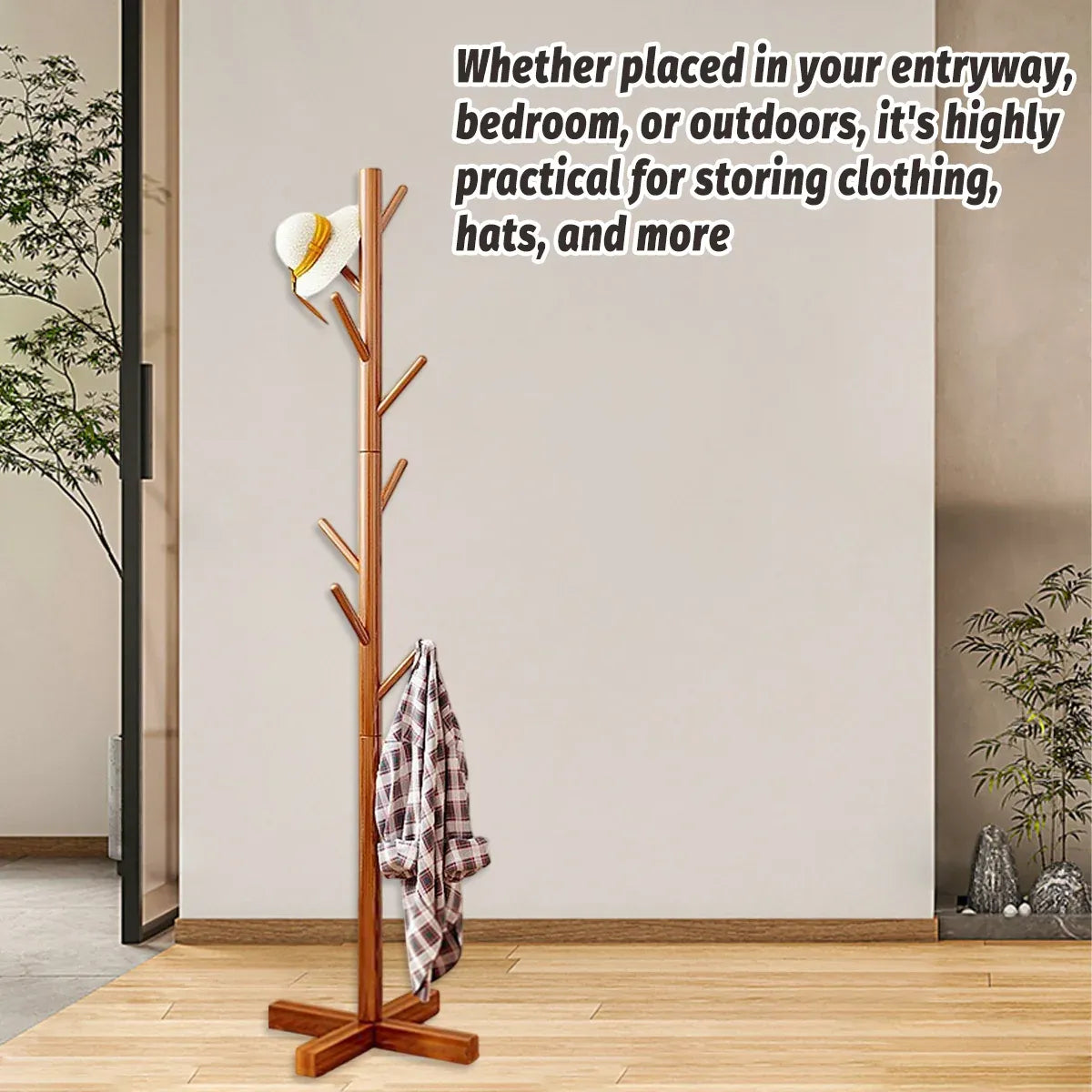 Freestanding Wooden Coat Rack Clothes Hanger with 8 Hooks for Entryway Bedroom