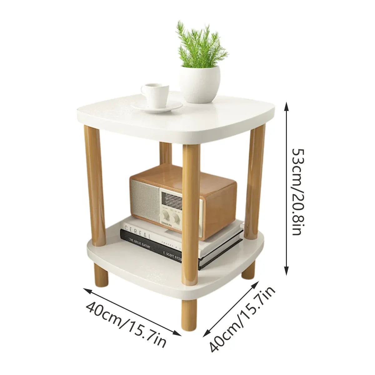 Small 2-Tier Coffee Table, White Top & Wood Legs, 40cm Square Sofa Side Table