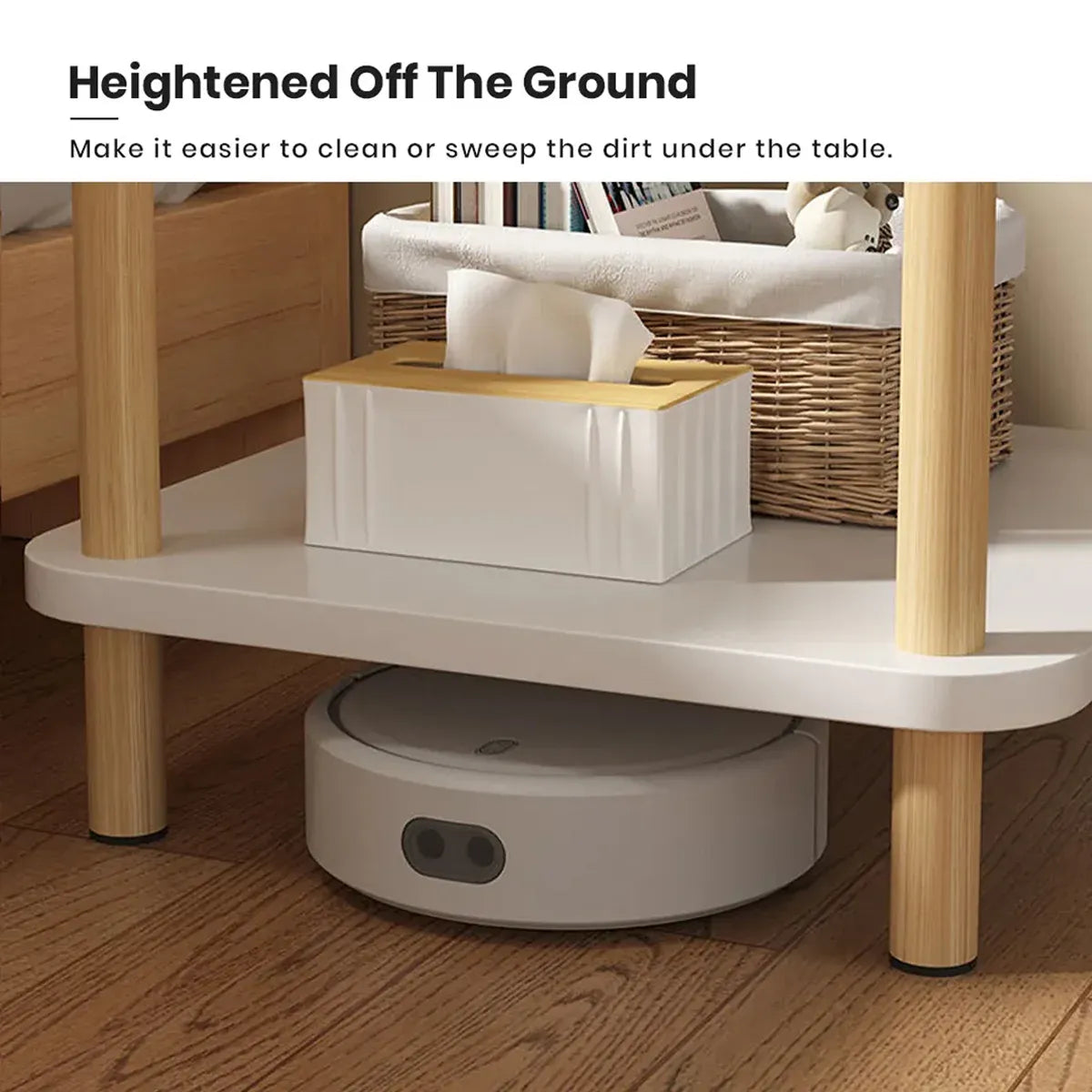 Small 2-Tier Coffee Table, White Top & Wood Legs, 40cm Square Sofa Side Table