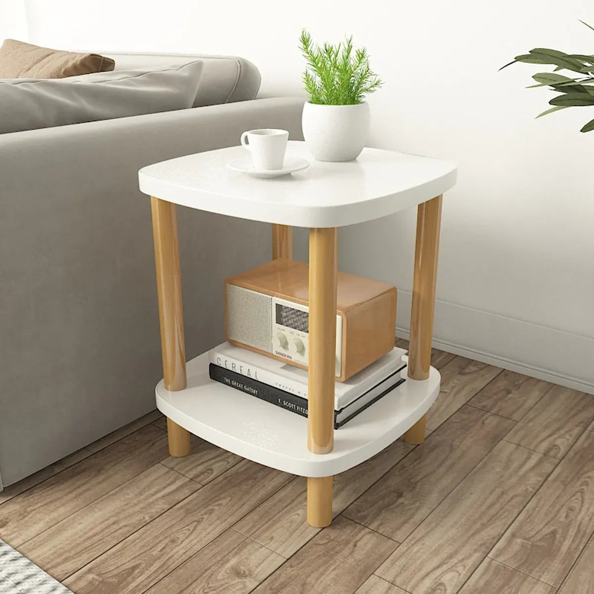 Small 2-Tier Coffee Table, White Top & Wood Legs, 40cm Square Sofa Side Table