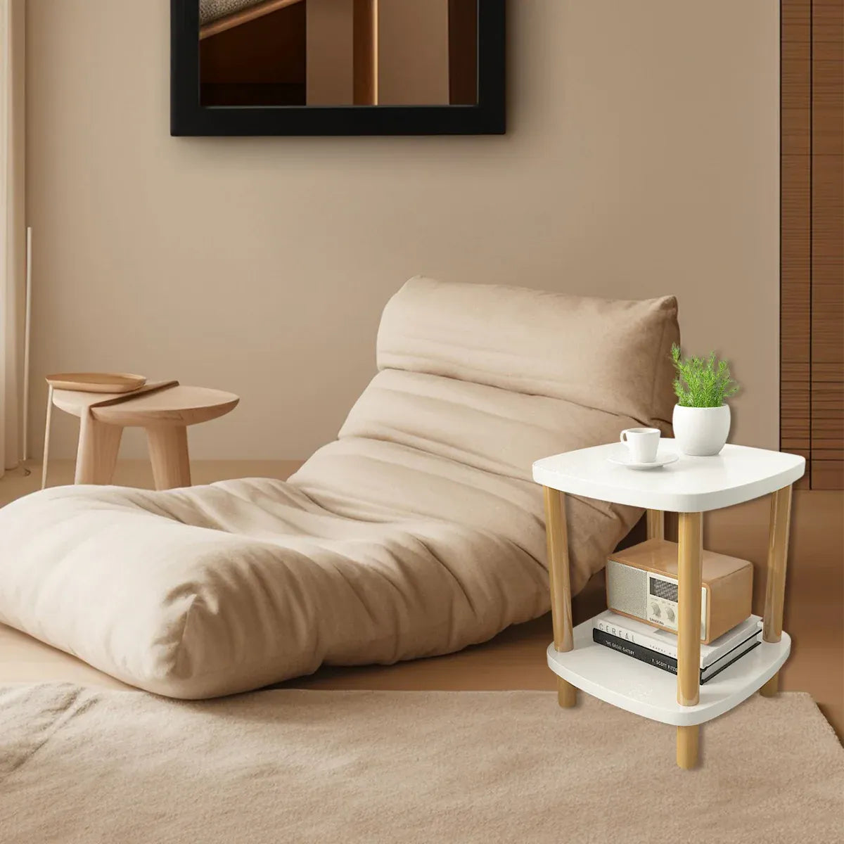 Small 2-Tier Coffee Table, White Top & Wood Legs, 40cm Square Sofa Side Table