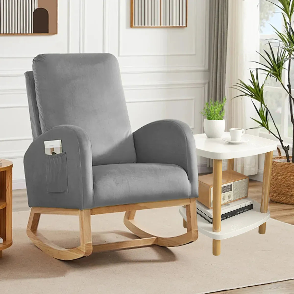 Small 2-Tier Coffee Table, White Top & Wood Legs, 40cm Square Sofa Side Table