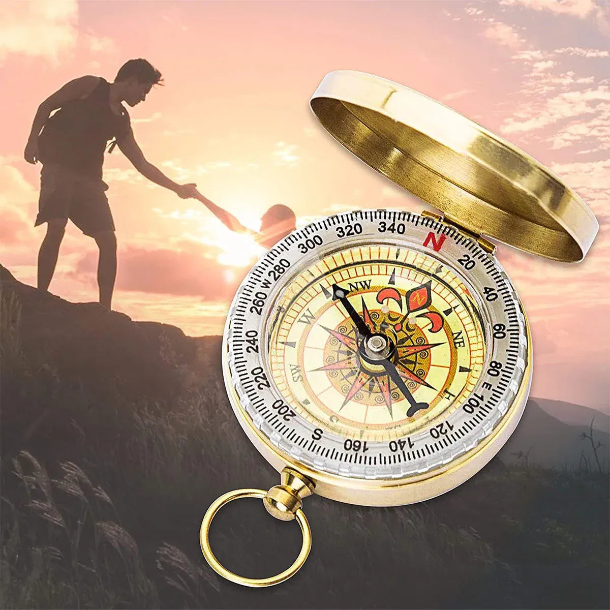 2PCS Copper Compass with Flip Cover and Hook Nightlight Camping Navigation