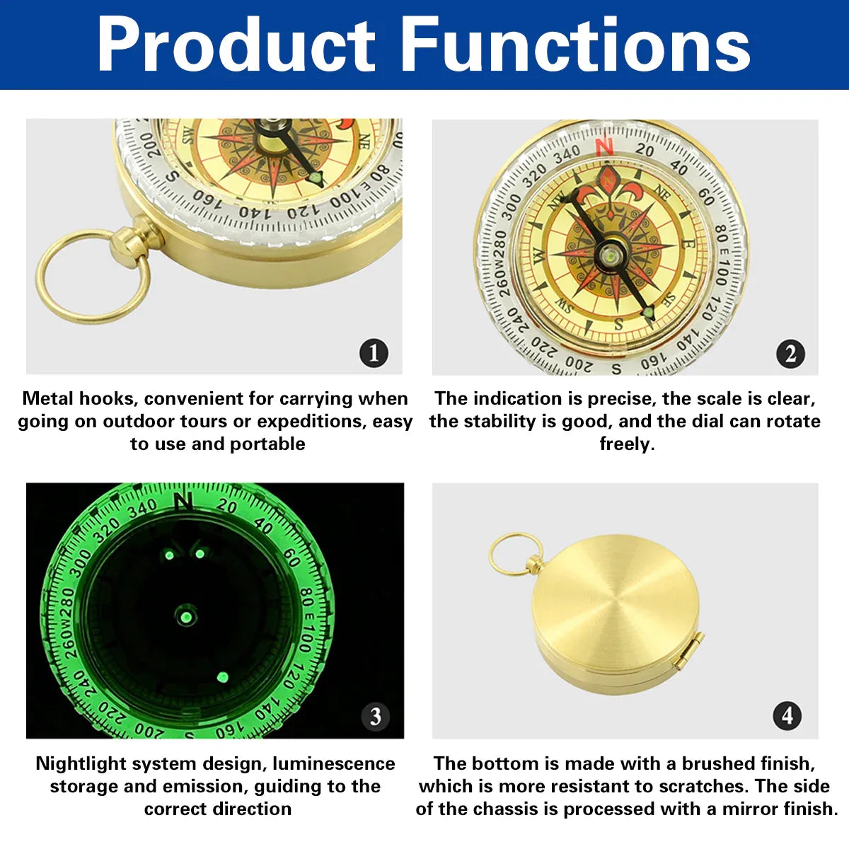 2PCS Copper Compass with Flip Cover and Hook Nightlight Camping Navigation