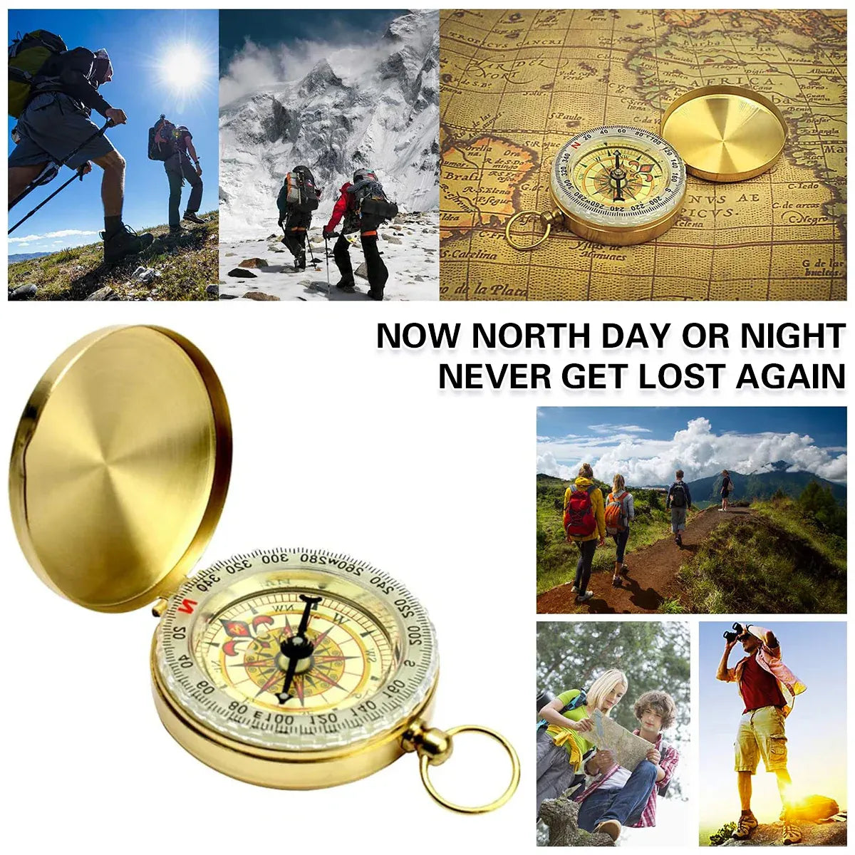 2PCS Copper Compass with Flip Cover and Hook Nightlight Camping Navigation