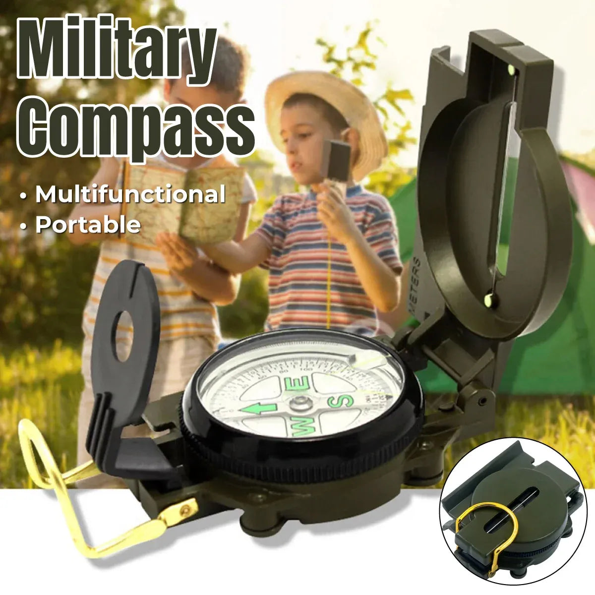 Army Green Outdoor Compass with Magnifying Lens Metal Hiking Navigation Tool