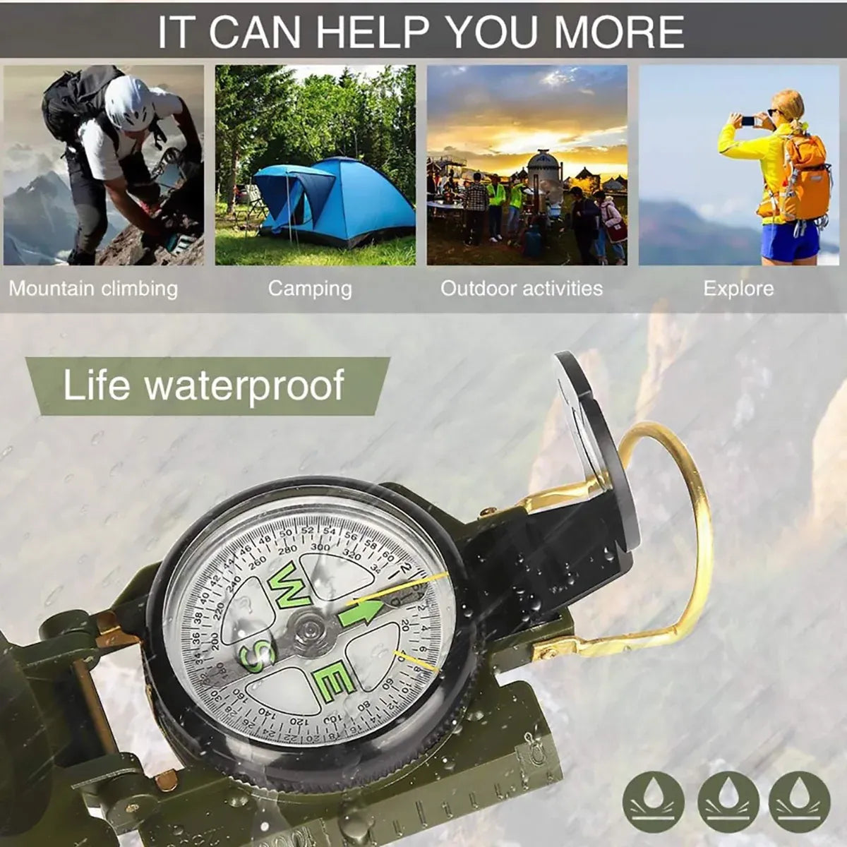 Army Green Outdoor Compass with Magnifying Lens Metal Hiking Navigation Tool