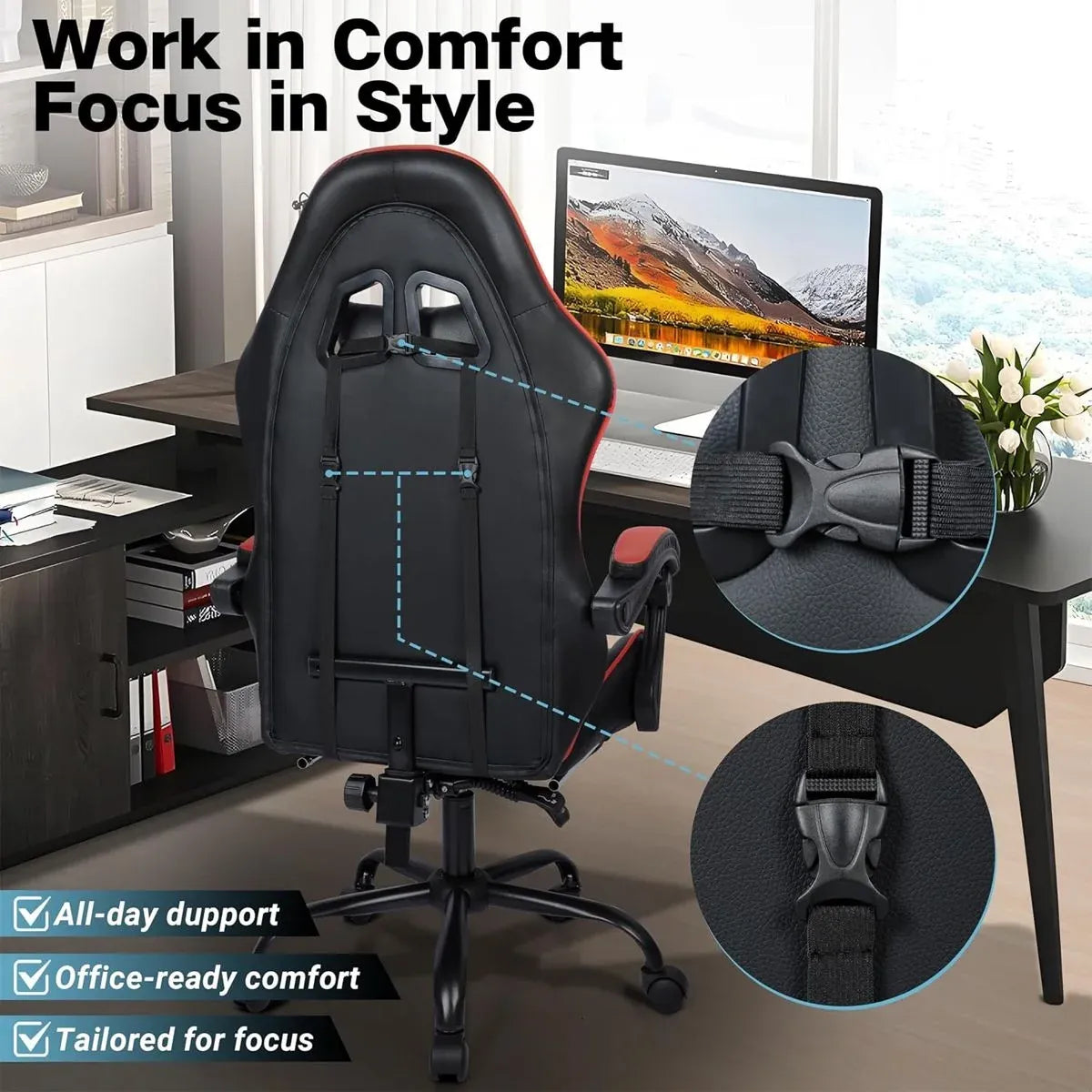 Black and Red Gaming Chair with Footrest and Lumbar Support