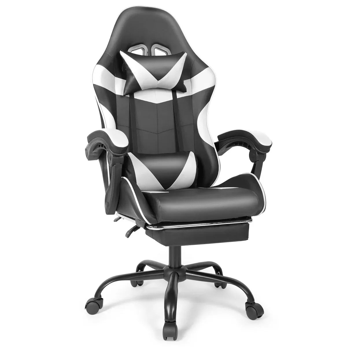 Black and White Gaming Chair with Footrest and Lumbar Support