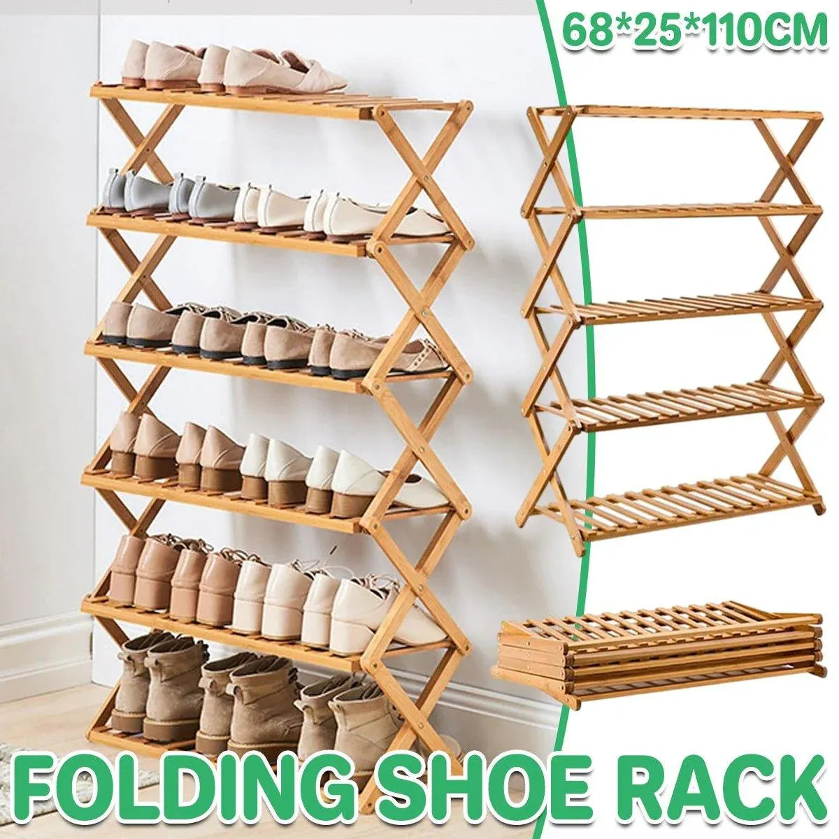6 Tier Folding Bamboo Shoe Rack 68cm Space Saving Shoe Storage Organiser Shelf