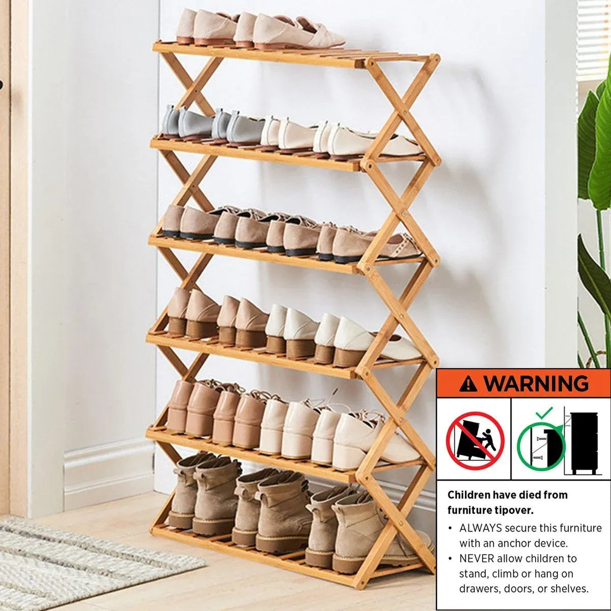 6 Tier Folding Bamboo Shoe Rack 68cm Space Saving Shoe Storage Organiser Shelf