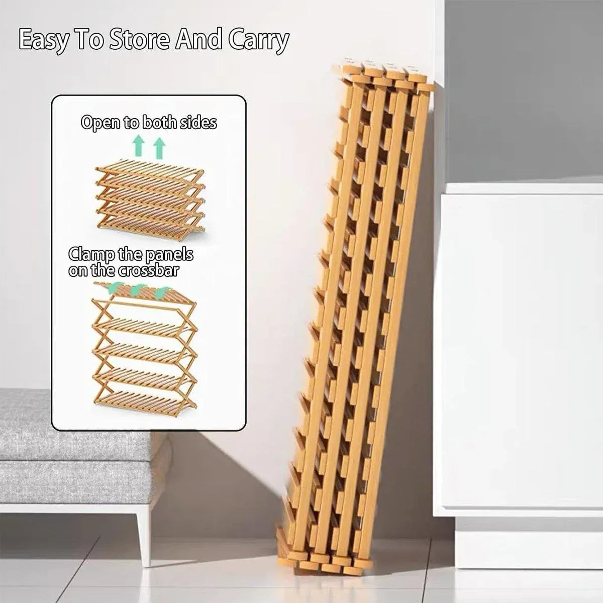 6 Tier Folding Bamboo Shoe Rack 68cm Space Saving Shoe Storage Organiser Shelf