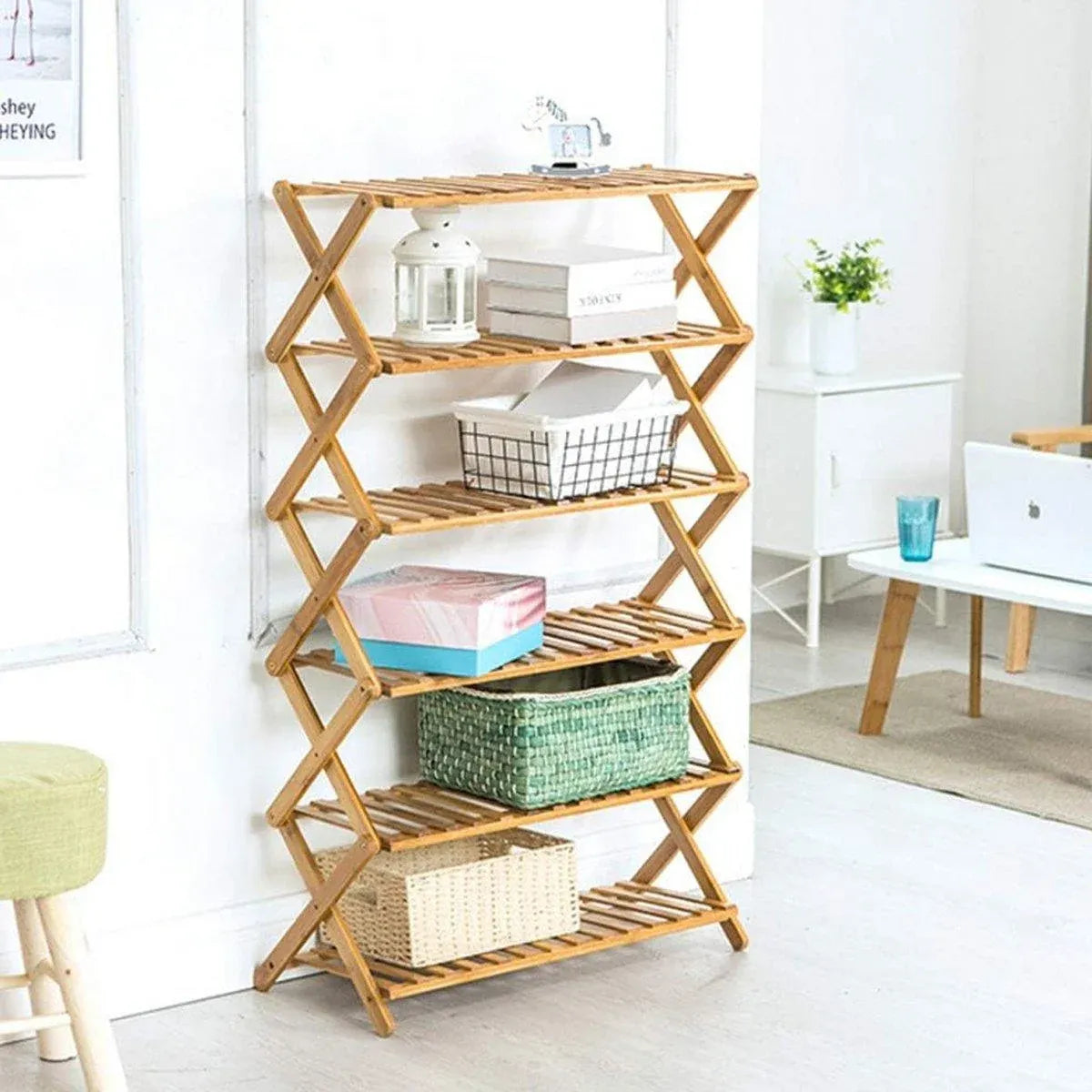 6 Tier Folding Bamboo Shoe Rack 68cm Space Saving Shoe Storage Organiser Shelf